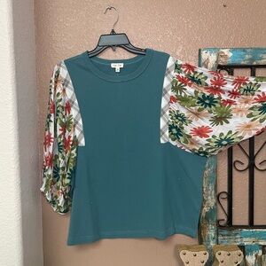 Teal Blouse with Floral Sleeves
